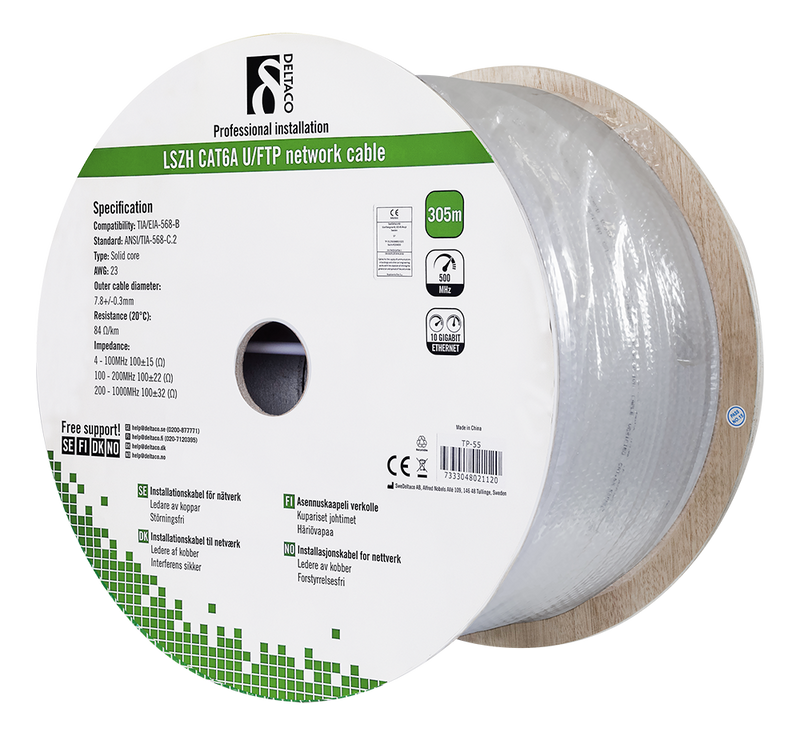 DELTACO U/FTP Cat6a installationskabel, 305m trumma, 500MHz, LSZH, grå