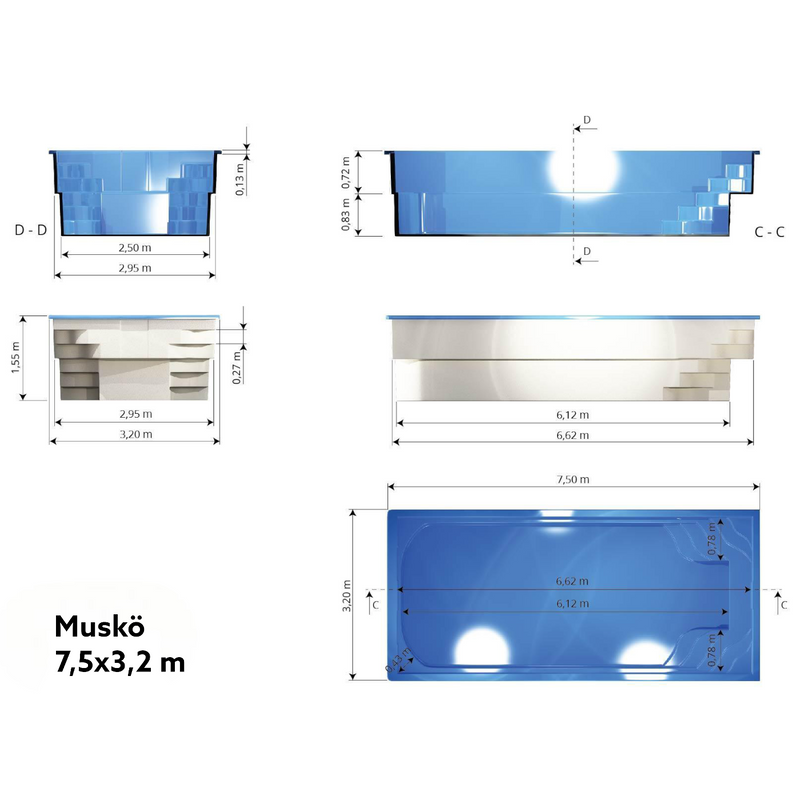 Poolpaket Glasfiberpool - 7,5x3,2m - Muskö - Med smart styrning