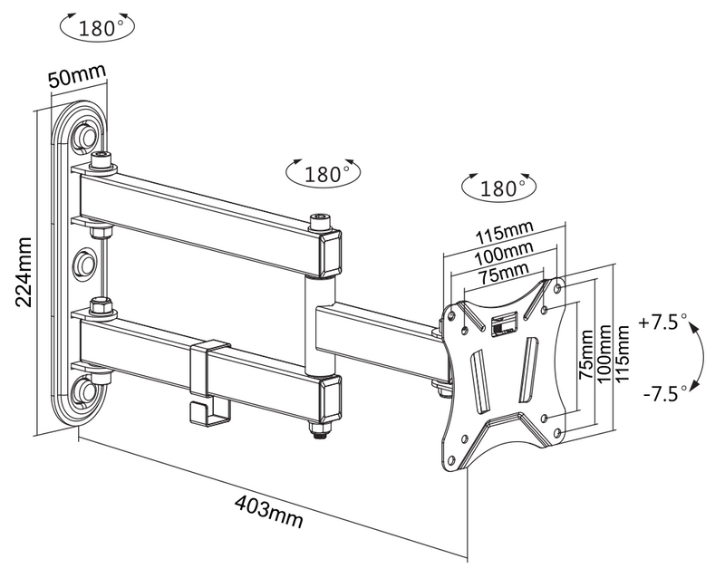 DELTACO Office, full-motion 3-way wall, 13"-27", 25kg, 75x75-100-100