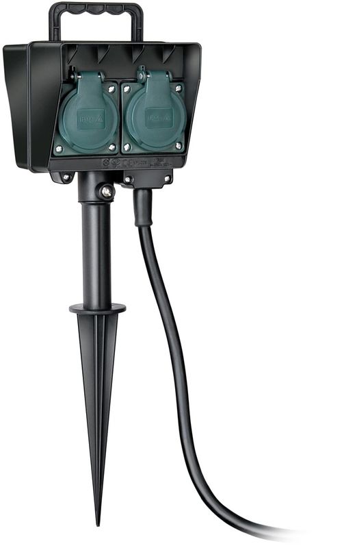 Outdoor power socket, 2xCEE 7/4, 1xCEE 7/7, 1.5m cable, IP44, black/green.