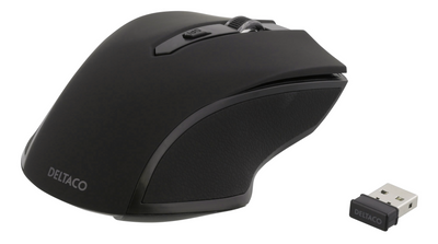 DELTACO trådlös optisk mus, 6 knappar med scroll, 1600 DPI, USB, svart