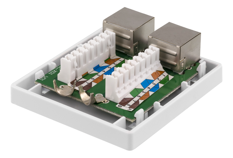 DELTACO skärmat vägguttag, utanpåliggande FTP 2xRJ45, Cat6A, vit