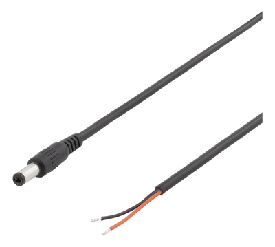 Kabel 2m, 5,5 mm DC - öppen ände, 20AWG, svart
