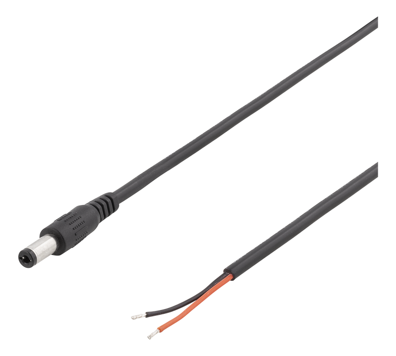 Kabel 2m, 5,5 mm DC - öppen ände, 20AWG, svart