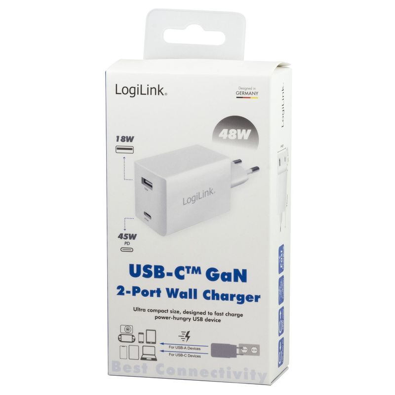 USB-laddare 1 x USB-C PD 1 x USB-A 48W GaN