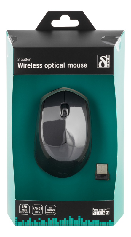 DELTACO trådlös optisk mus 2,4GHz, 3 knappar med scroll, 1200 DPI, grå