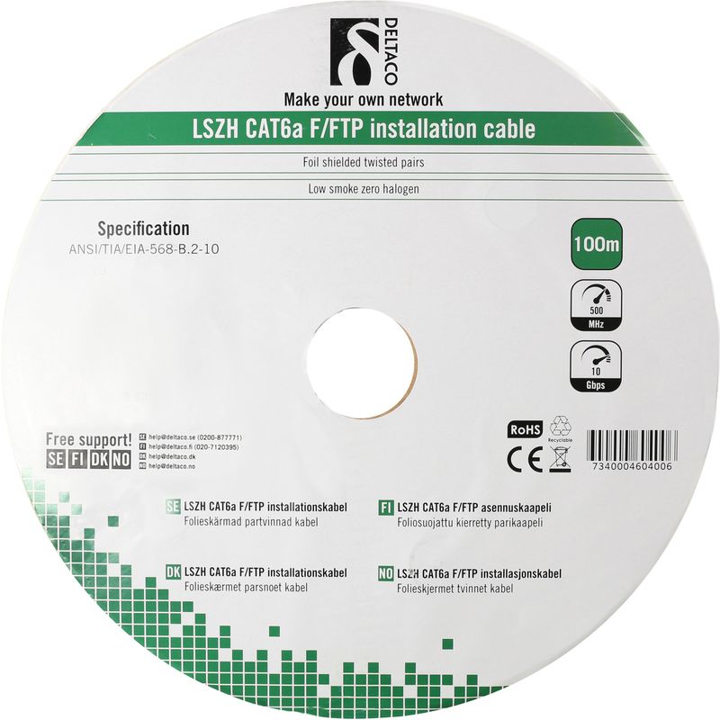 DELTACO F/FTP shielded installation cable, Cat6a, LSZH, 100m reel, white.