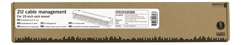 DELTACO 19" cable manager, metal/plastic, finger duct and grommet.