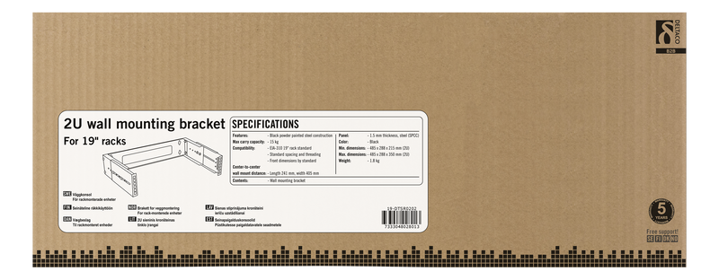 DELTACO 19" wall mount rack with adjustable depth, 2U, 15kg load capacity, steel.