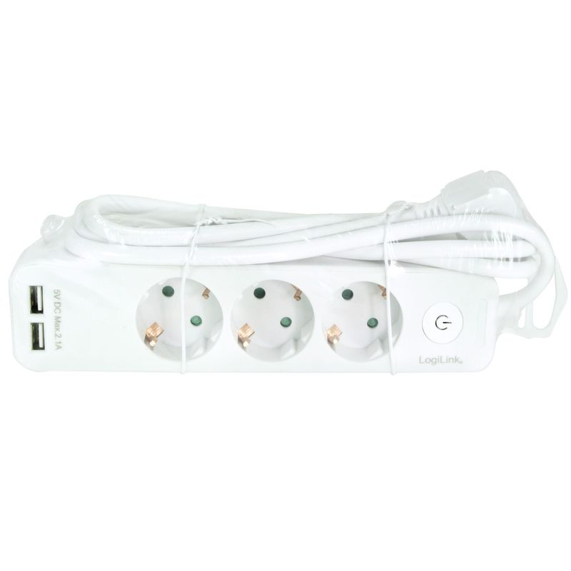 Grenuttag 3-vägs + 2st USB m brytare 1,5m Vit