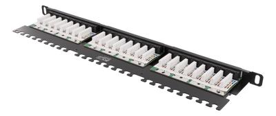 DELTACO UTP Patchpanel 24xRJ45, Cat6, 0.5U, 19", cable management, black.