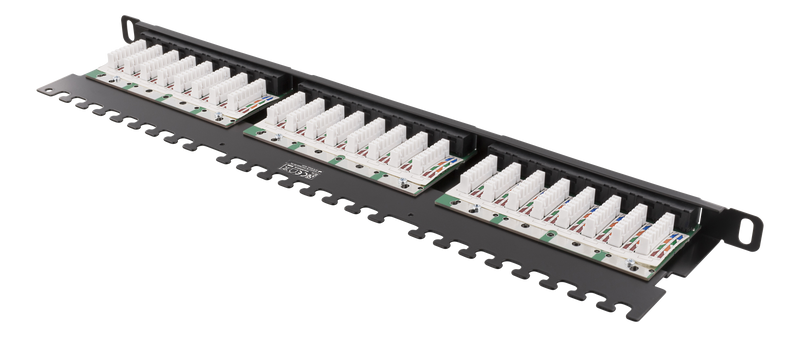 DELTACO UTP Patchpanel 24xRJ45, Cat6, 0.5U, 19", cable management, black.