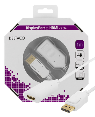DisplayPort till HDMI 2.0b-kabel 1m, 4K i 60Hz, vit