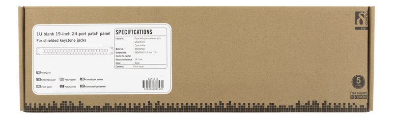 DELTACO 19" Keystone patchpanel, 24 portar, 1U, jordkabel, metall, svart