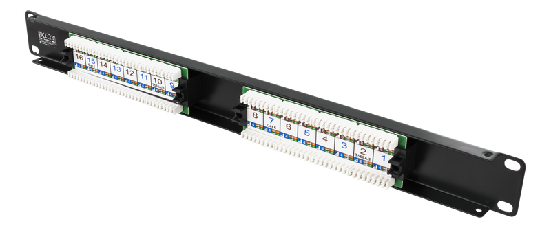 DELTACO 19" patchpanel, 16xRJ45, Cat6, UTP, 1U, 10Gbps, svart