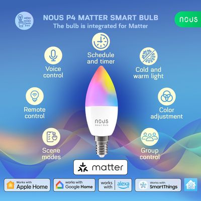 NOUS Smart LED-lampa E14 – RGB, WiFi, Matter-stöd- 4-pack
