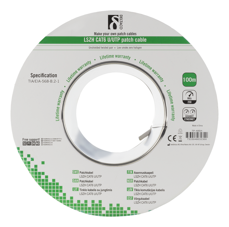 DELTACO U/UTP patch cable, LSZH, Cat6, 100m, white