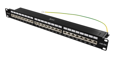 DELTACO 19" patchpanel, 24xRJ45, Cat6a, 1U, STP, metall, svart