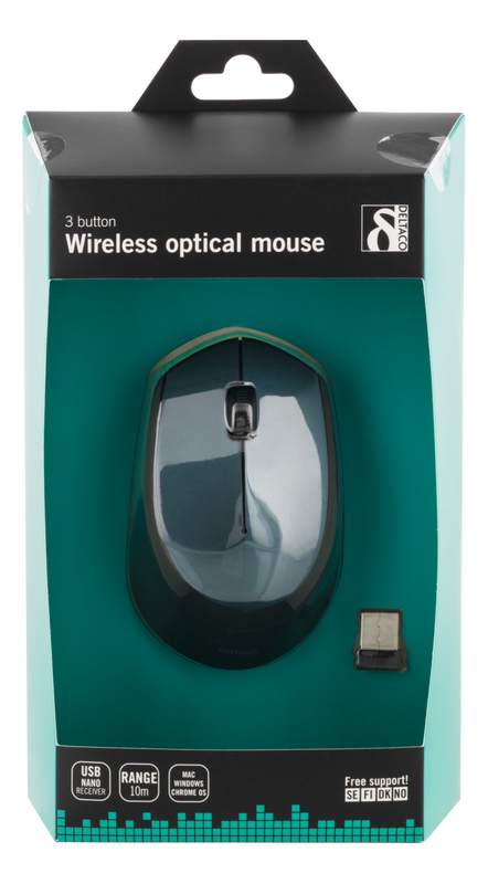 DELTACO trådlös optisk mus 2,4GHz, 3 knappar med scroll, 1200 DPI, grön