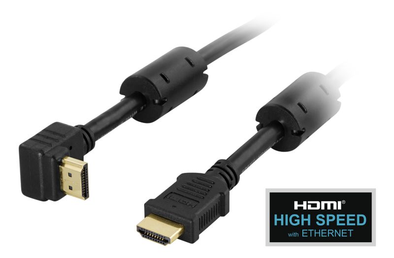 Vinklad HDMI kabel 0,5m, HDMI High Speed with Ethernet, svart