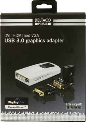 DELTACO PRIME USB 3.0 till DVI/HDMI/VGA-adapter,  2048x1152, vit