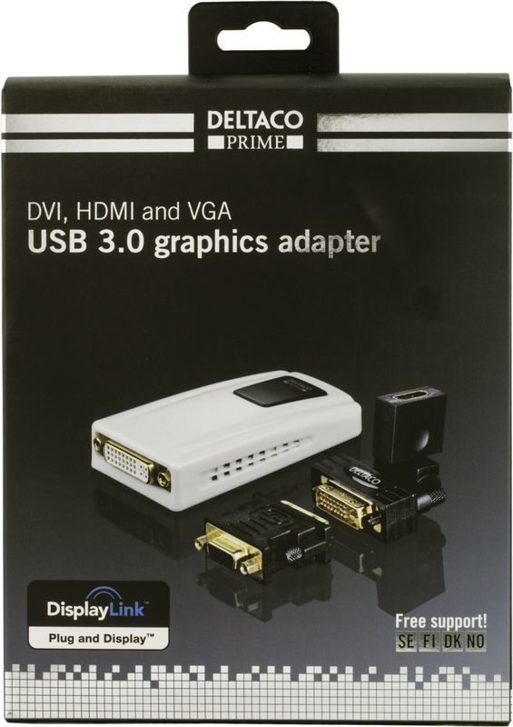 DELTACO PRIME USB 3.0 till DVI/HDMI/VGA-adapter,  2048x1152, vit