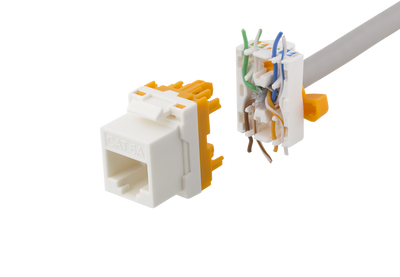 DELTACO Cat6A Keystone-uttag, verktygsfri, plast, vit/orange