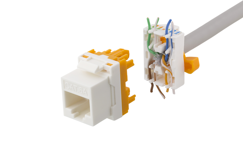 DELTACO Cat6A Keystone-uttag, verktygsfri, plast, vit/orange