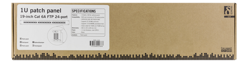 DELTACO 19" patchpanel, 24xRJ45, Cat6a, 1U, STP, metall, svart