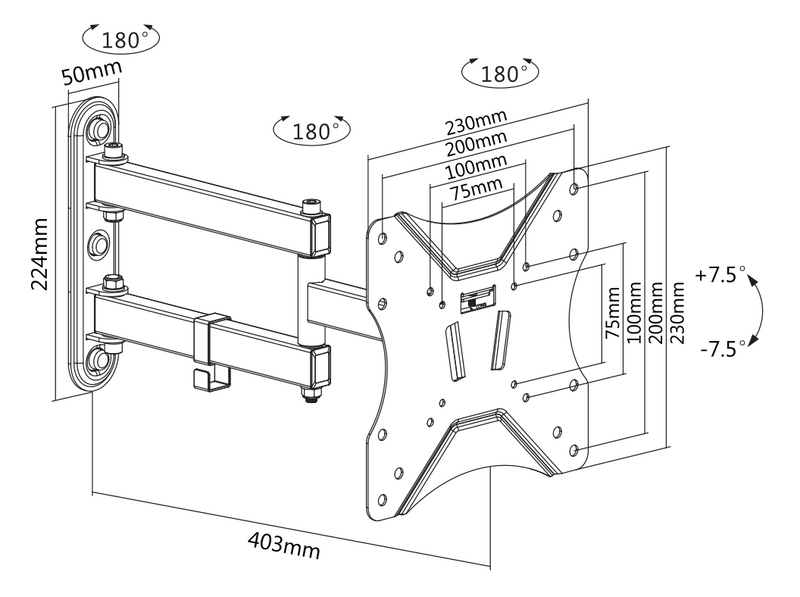 DELTACO Office, full-motion 3-way wall, 23"-42", 25kg, 75x75-200-200