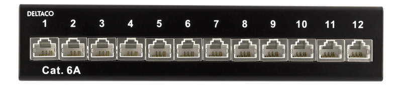 DELTACO Patchpanel, 12xRJ45, Cat6a, väggmonterbar, 10Gbps, svart