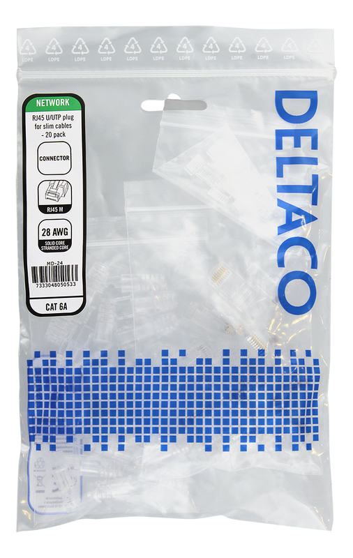 DELTACO RJ45 kontaktdon för slim kabel 28AWG, Cat6a, oskärmad, 20-pack