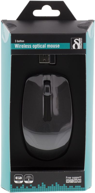DELTACO trådlös optisk mus, 3 knappar med scroll, 1000 DPI, USB, sva