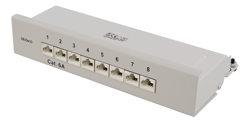 DELTACO Patchpanel, 8xRJ45, Cat6a, väggmonterbar, 10Gbps, grå