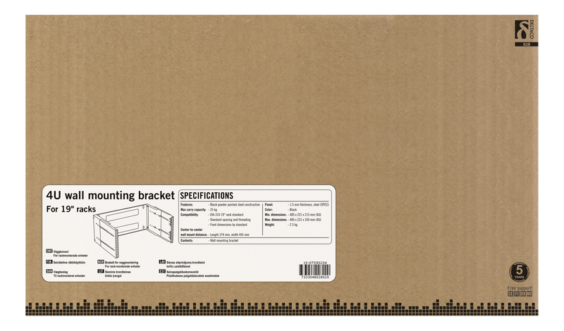 DELTACO 19" wall mount with adjustable depth, 4U, 25kg load, steel.