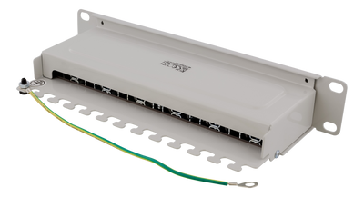 DELTACO 10" patchpanel, 12xRJ45, Cat6a, STP, 10Gbps, metal, gray