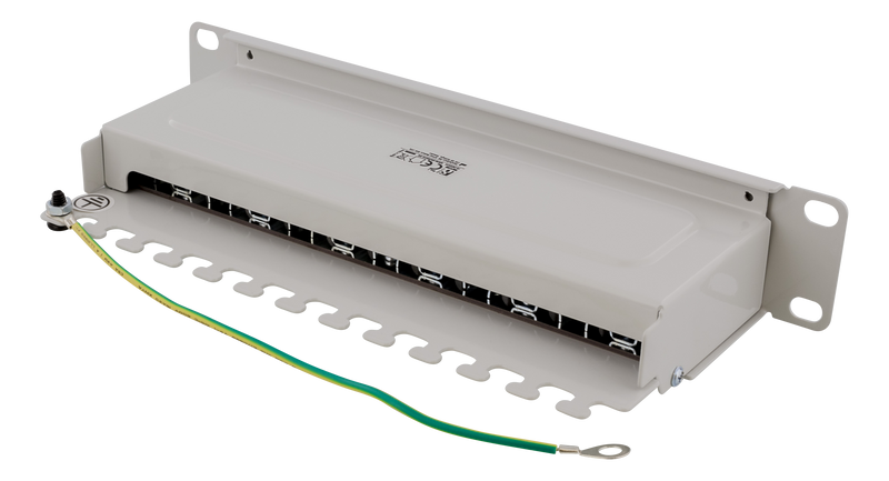 DELTACO 10" patchpanel, 12xRJ45, Cat6a, STP, 10Gbps, metal, gray