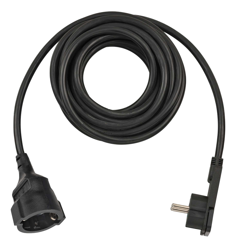 Förlängningskabel med vinklad platt CEE 7/7 kontakt, 5m, svart