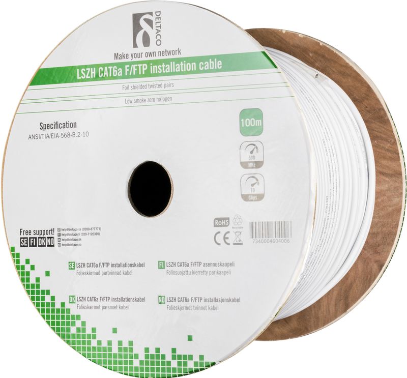 DELTACO F/FTP shielded installation cable, Cat6a, LSZH, 100m reel, white.