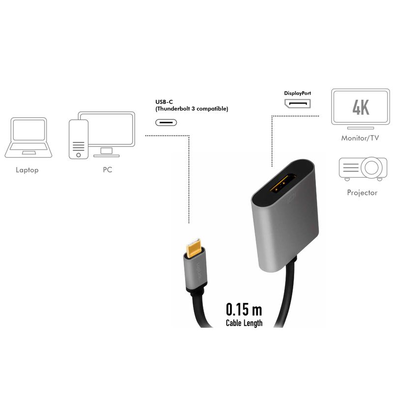 USB-C -> DisplayPort-adapter 4K/60Hz Alu 15cm
