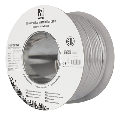 DELTACO U/UTP Cat6 riser installationskabel, 100m trumma, 250MHz, Delt