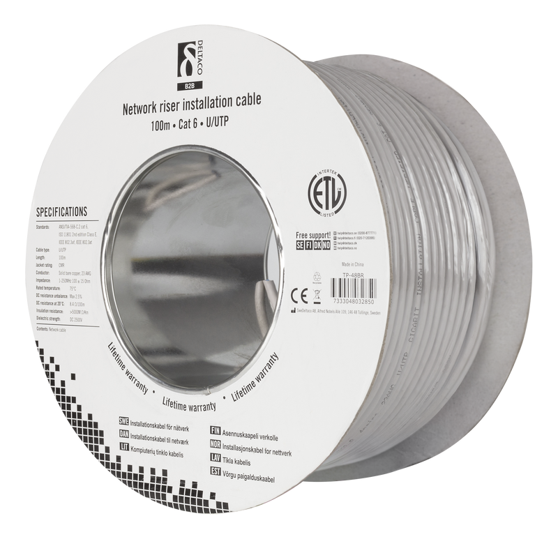 DELTACO U/UTP Cat6 riser installationskabel, 100m trumma, 250MHz, Delt