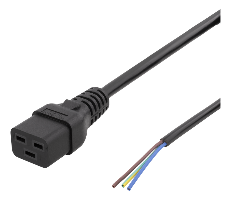 Kabel 2m, C19 - öppen ände, svart