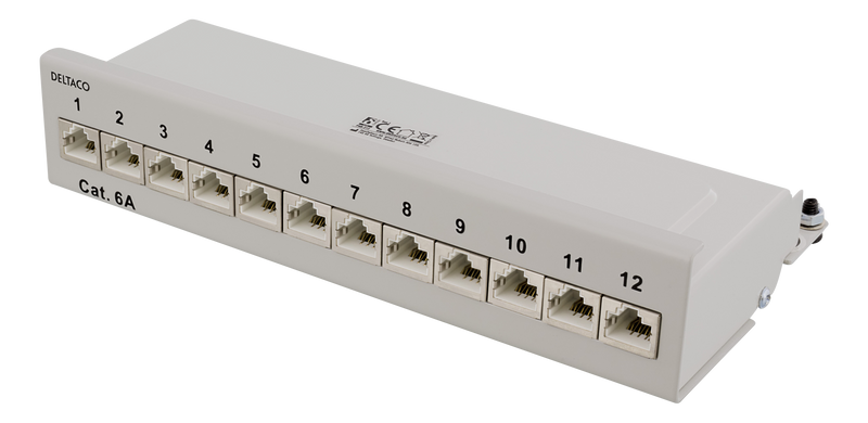 DELTACO Patchpanel, 12xRJ45, Cat6a, väggmonterbar, 10Gbps, grå