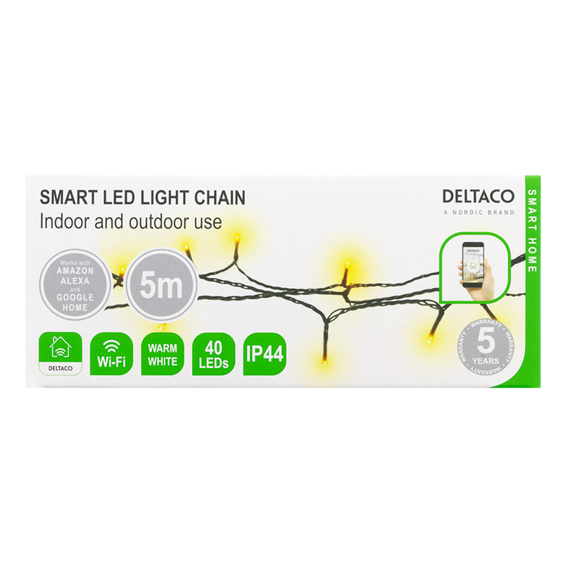 FYND Deltaco WiFi 5 m vitfärgad ljusslinga - 40 led  (adapter, IP44, WW)