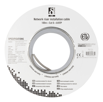 DELTACO U/UTP Cat6 riser installationskabel, 100m trumma, 250MHz, Delt