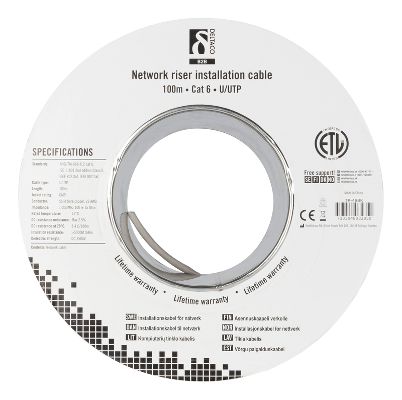 DELTACO U/UTP Cat6 riser installationskabel, 100m trumma, 250MHz, Delt