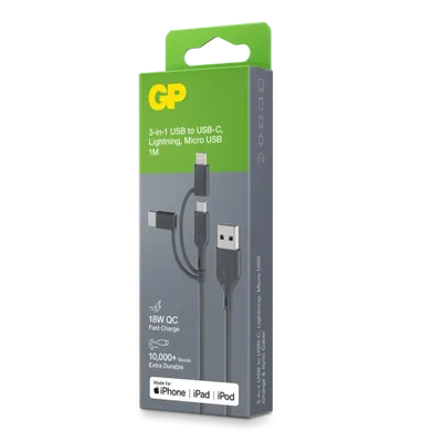 GP Laddkabel USB-A till USB-C + Micro-USB + Lightning 1m 18W