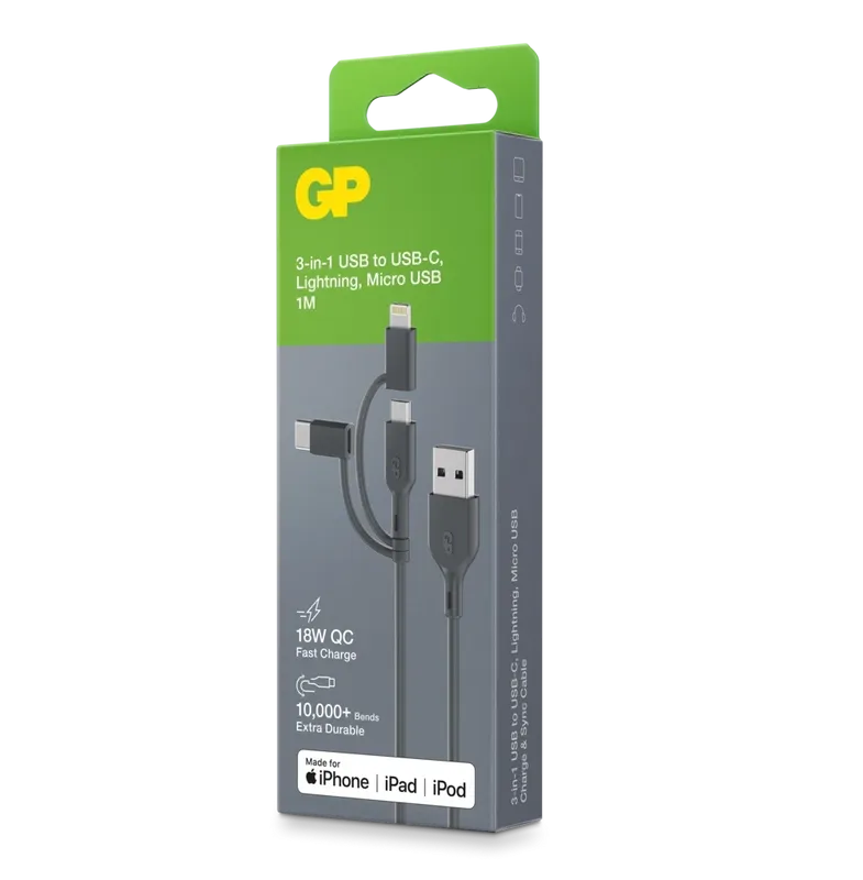 GP Laddkabel USB-A till USB-C + Micro-USB + Lightning 1m 18W
