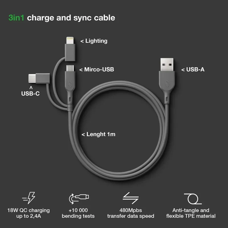 GP Laddkabel USB-A till USB-C + Micro-USB + Lightning 1m 18W